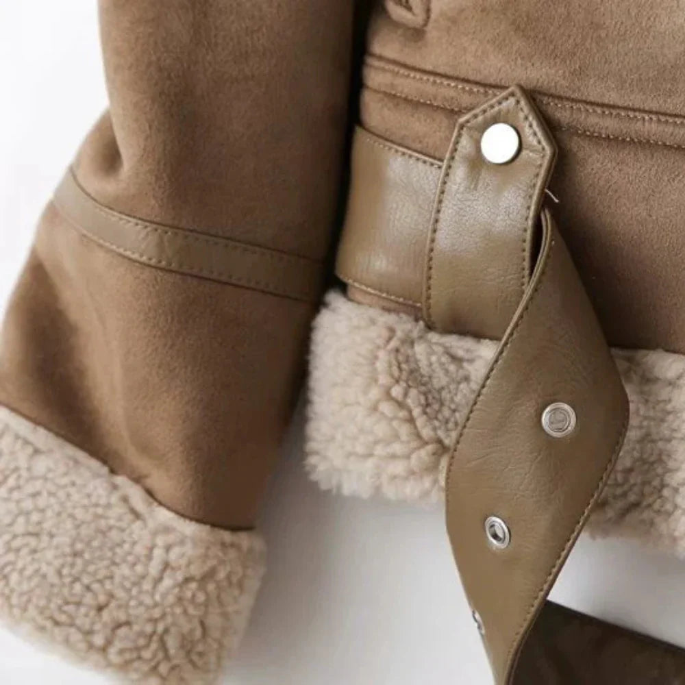Women's Biker Jacket - Sherpa Lined with Asymmetric Zip - Lapel Collar and Waist Belt
