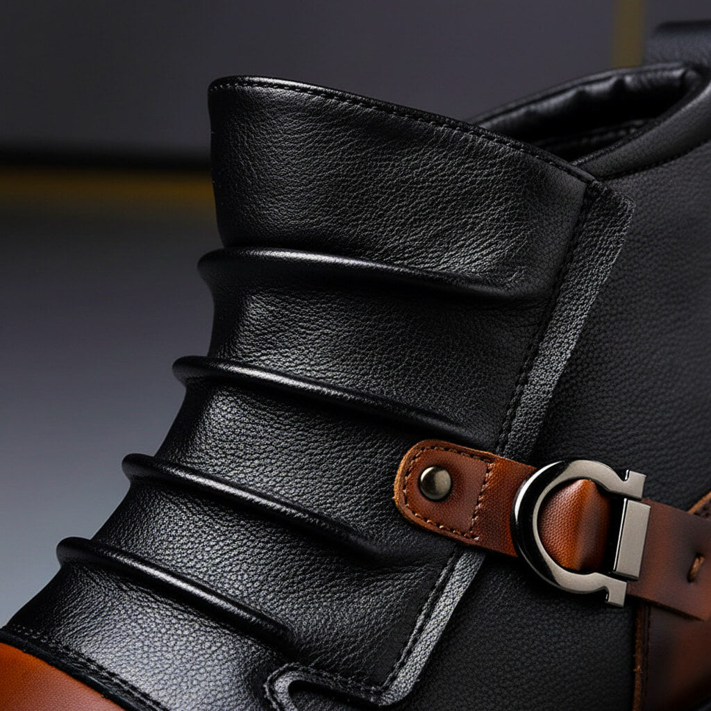 Men's Dress Boots - Two-Tone Ankle Boot with Buckle Strap and Stacked Heel