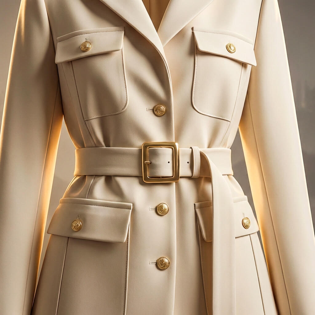 Women's Blazer - Single Breasted Belted Jacket with Gold Button Detail and Patch Pockets