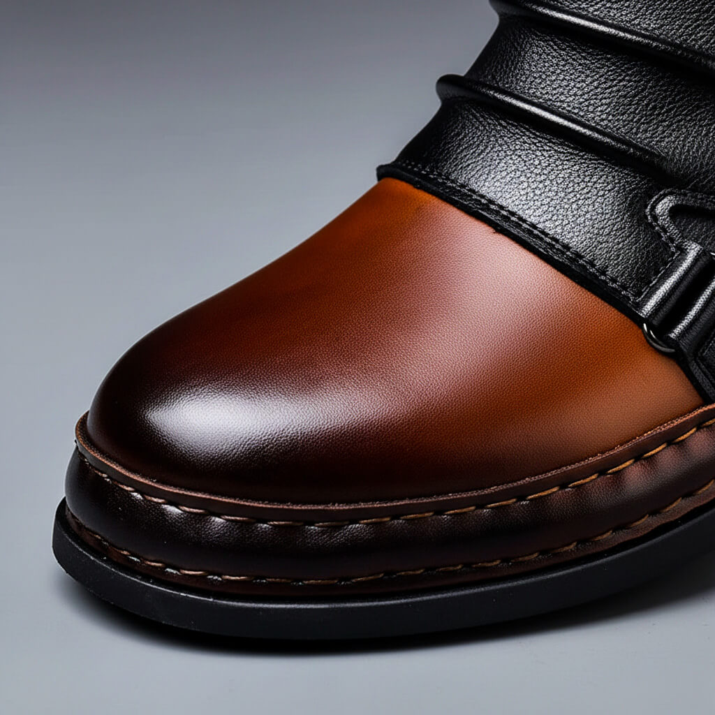 Men's Dress Boots - Two-Tone Ankle Boot with Buckle Strap and Stacked Heel