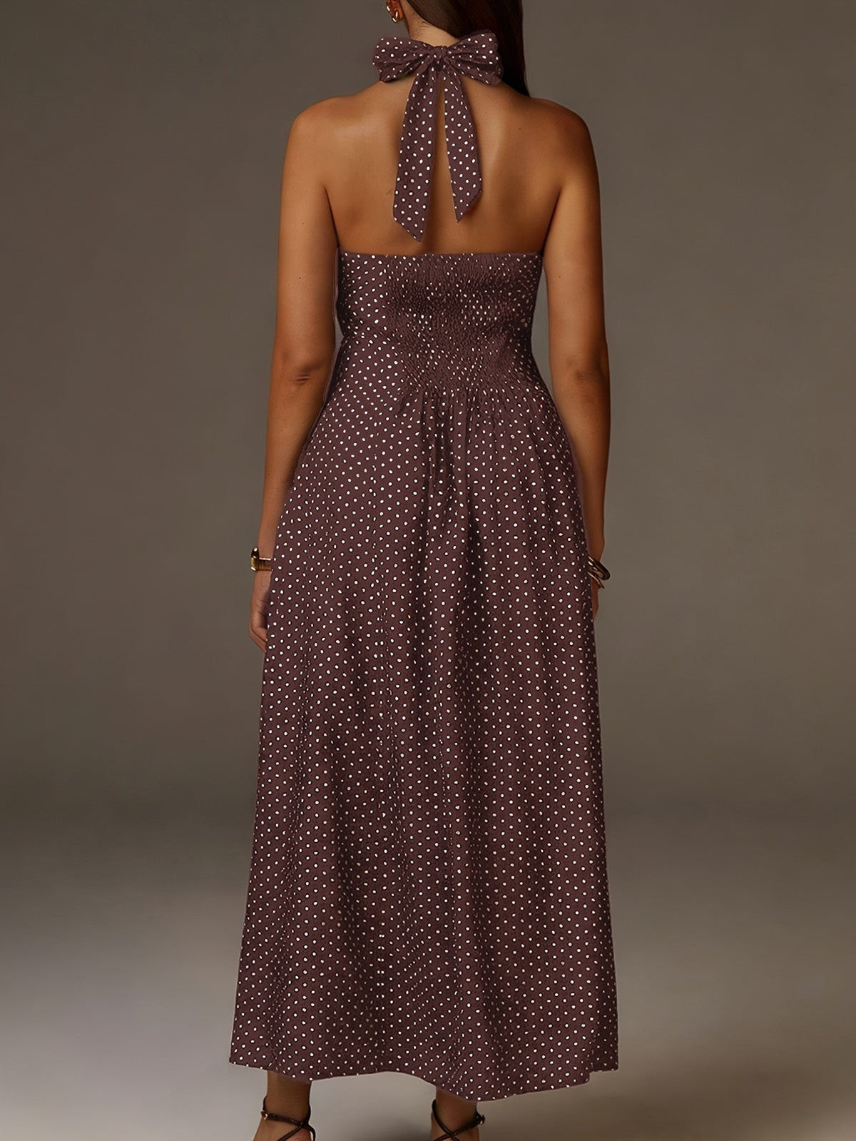 Women's Halter Neck Polka Dot Maxi Dress - Coffee Brown