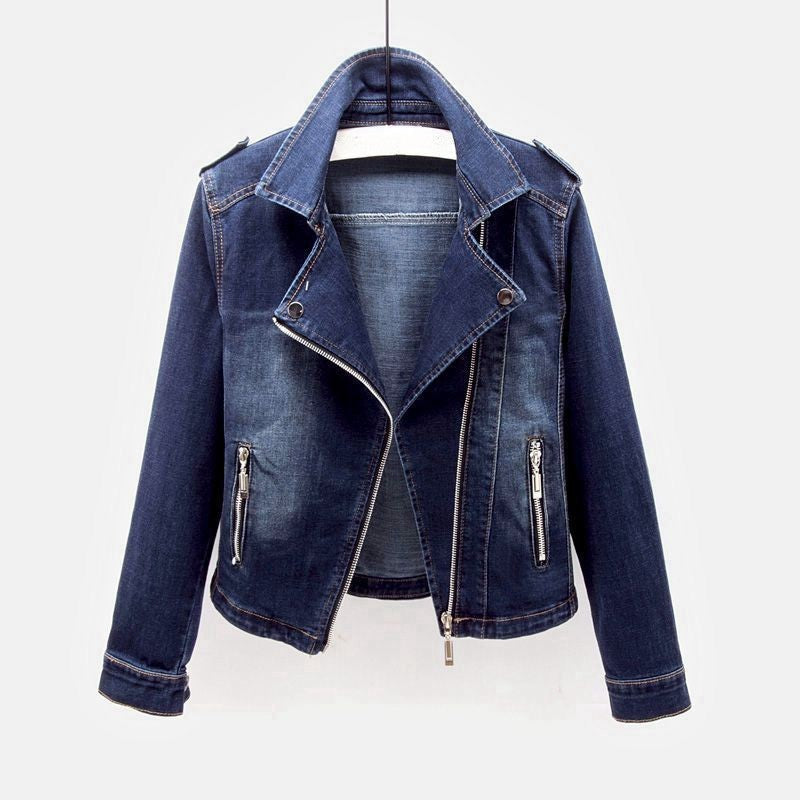 Women's Denim Jacket - Biker Style with Asymmetric Zip - Lapel Collar and Zip Pockets