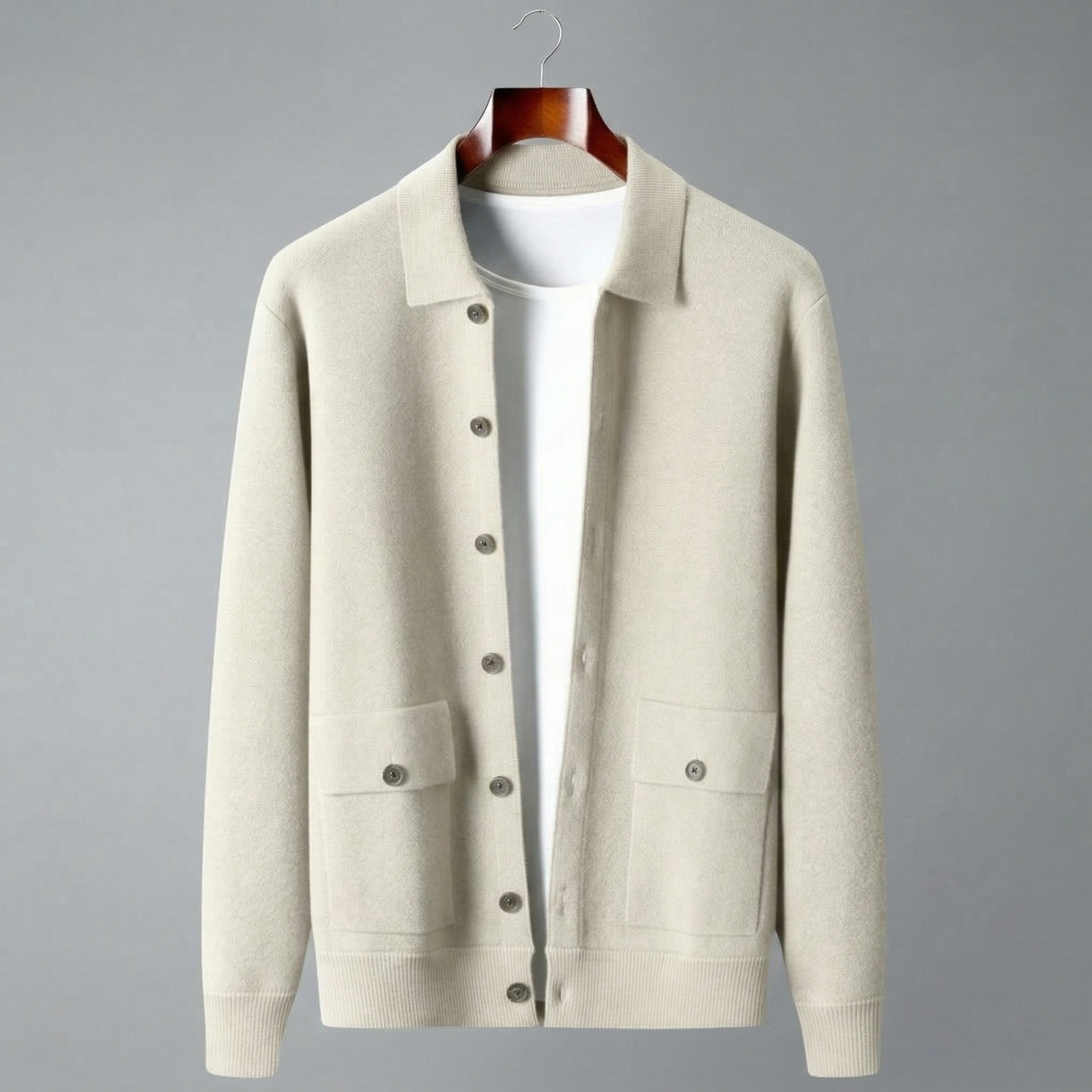 Men's Wool Cardigan - Button-Up Collar Long Sleeve