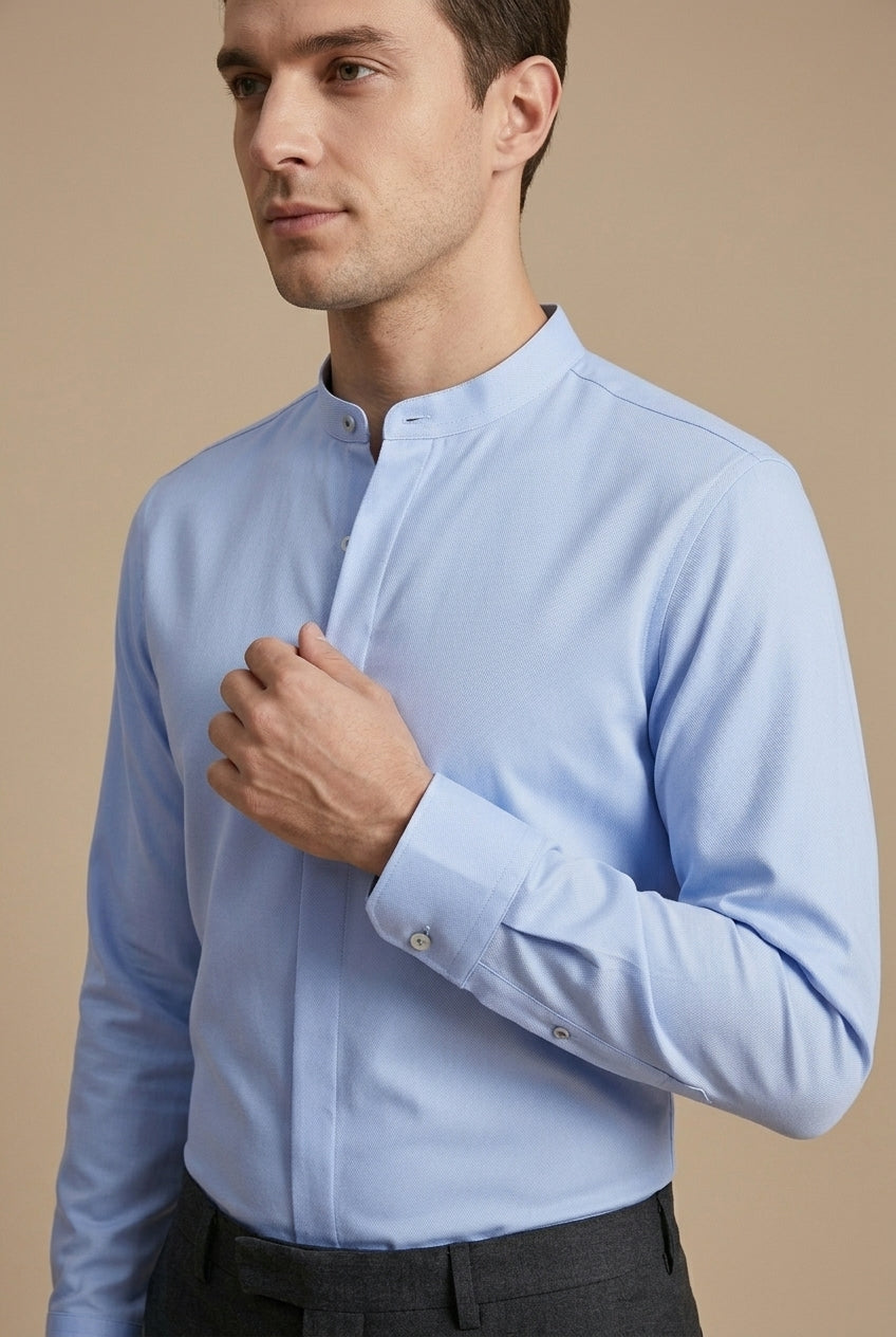 Men's Band Collar Shirt - Hidden Placket - Long Sleeve
