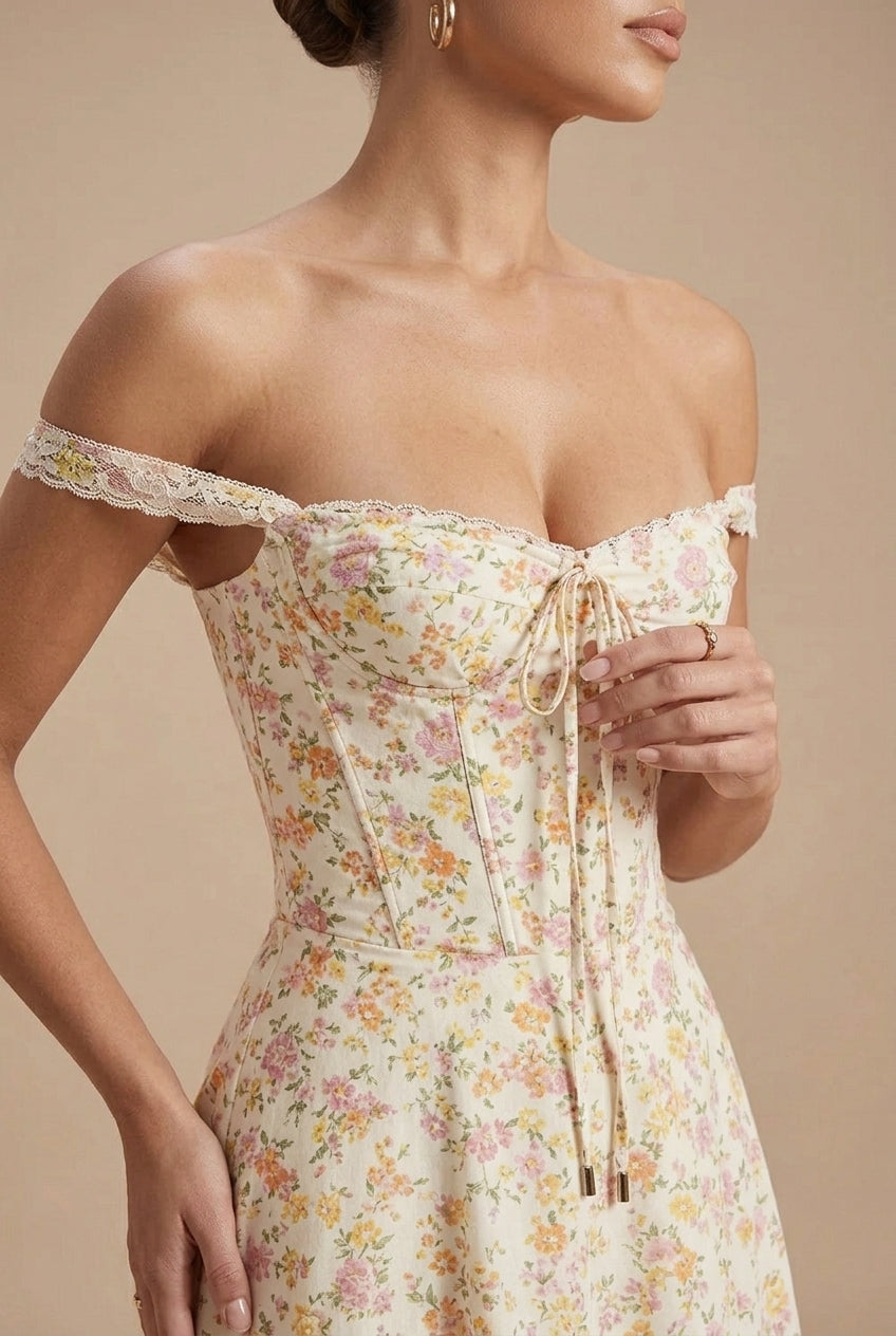 Women's Floral Corset Midi Dress - Off Shoulder - Lace Hem