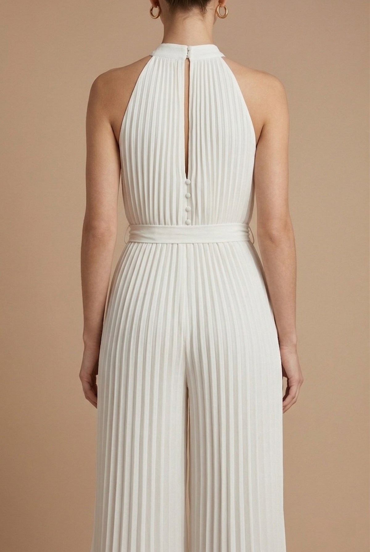 Women's Jumpsuit - Wide Leg Halter Neck Pleated Sleeveless with Tie Waist