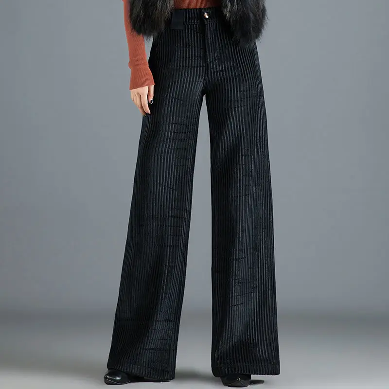 Women's Velvet Wide Leg Pants - High Waist Ribbed Full Length
