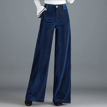 Women's Velvet Wide Leg Pants - High Waist Ribbed Full Length
