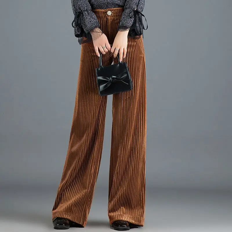 Women's Velvet Wide Leg Pants - High Waist Ribbed Full Length