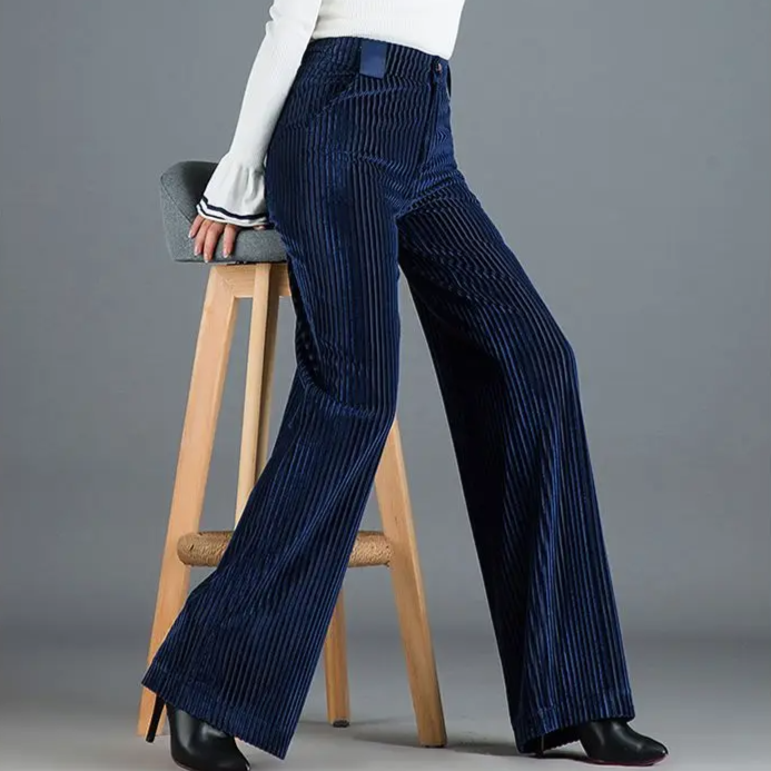 Women's Velvet Wide Leg Pants - High Waist Ribbed Full Length