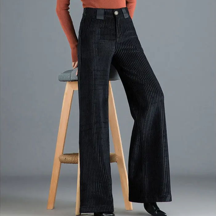 Women's Velvet Wide Leg Pants - High Waist Ribbed Full Length