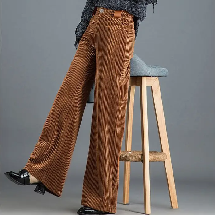 Women's Velvet Wide Leg Pants - High Waist Ribbed Full Length