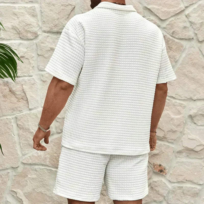 Men's Waffle Knit Half-Zip Polo Short Set - Two Piece