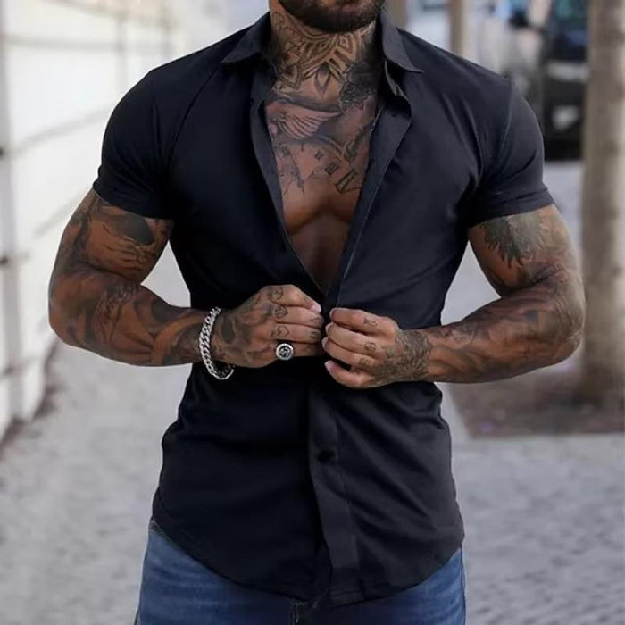 Men's Short Sleeve Button Down Shirt - Spread Collar Slim Fit Curved Hem