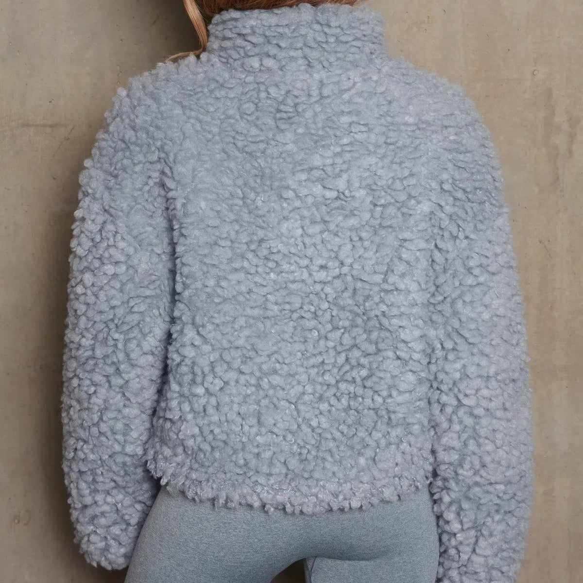 Women's Cropped Jacket - Stand Collar Full Zip Plush Pile
