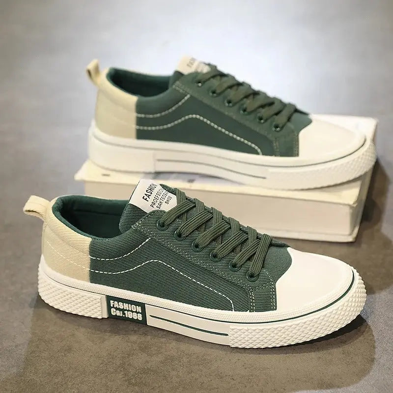 Men's Casual Sneakers - Low Top Lace Up Canvas Shoes with Contrast Toe Cap and Flat Sole