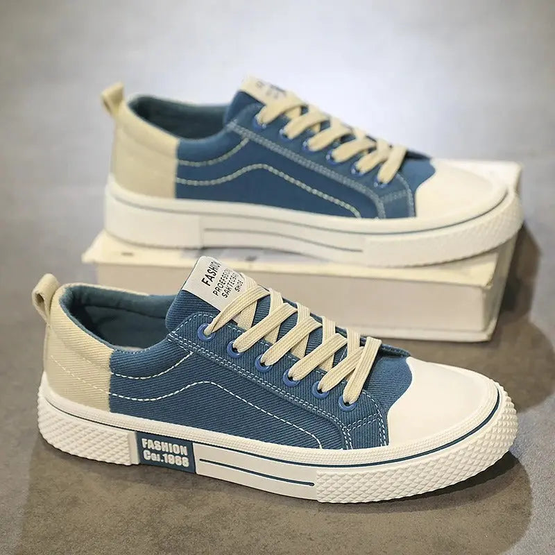Men's Casual Sneakers - Low Top Lace Up Canvas Shoes with Contrast Toe Cap and Flat Sole