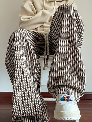 Men's Wide Leg Pants - Herringbone Pattern - Drawstring Waist