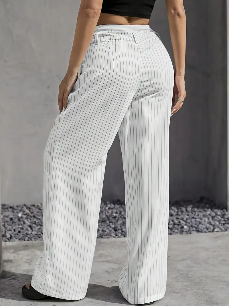 Women's Wide Leg Pinstripe Pants - High Waist - Contrast Waistband
