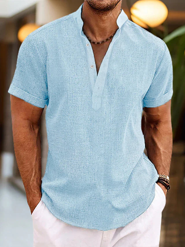Men’s Short Sleeve Henley Shirt with Stand Collar and Button Placket