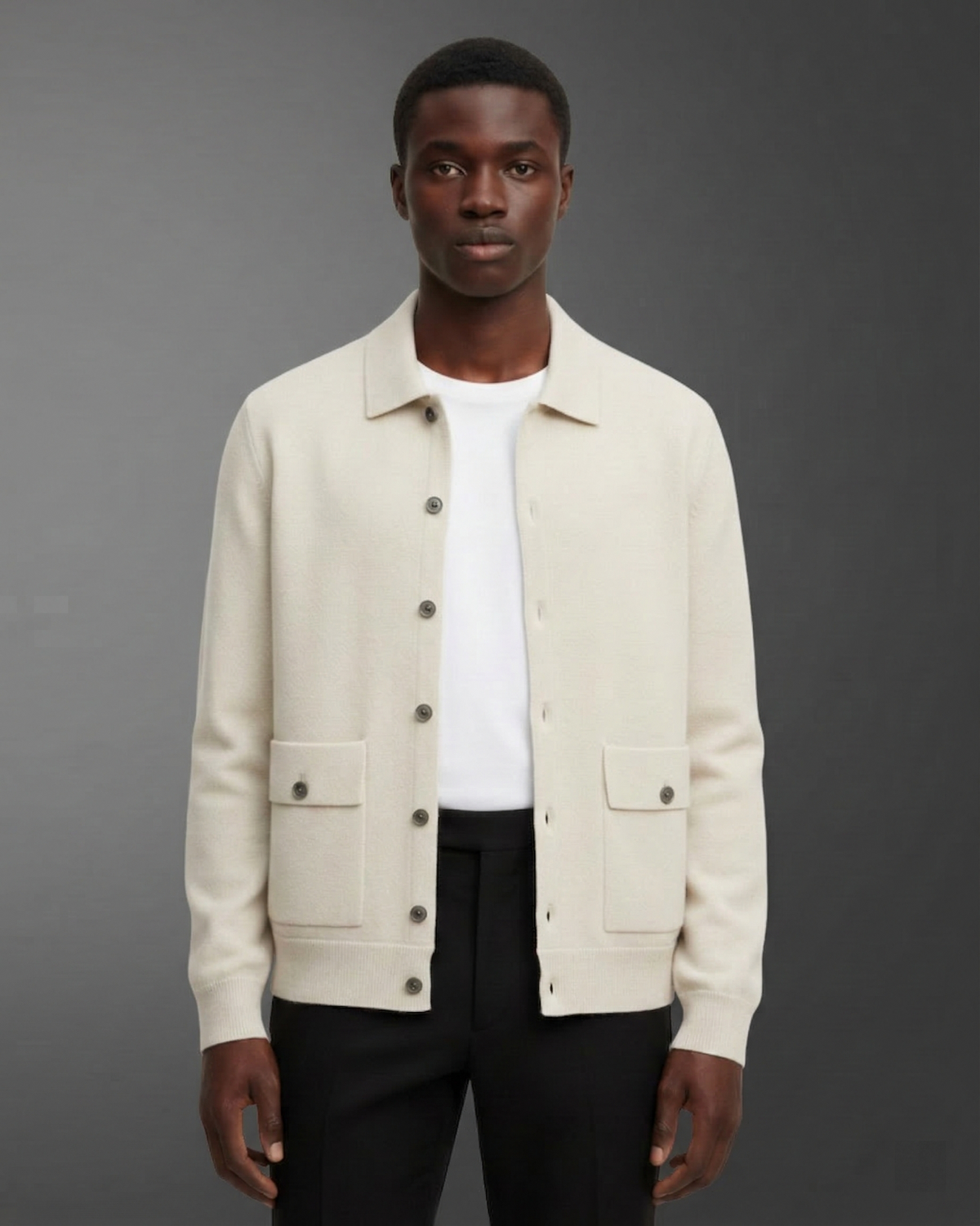 Men's Wool Cardigan - Button-Up Collar Long Sleeve