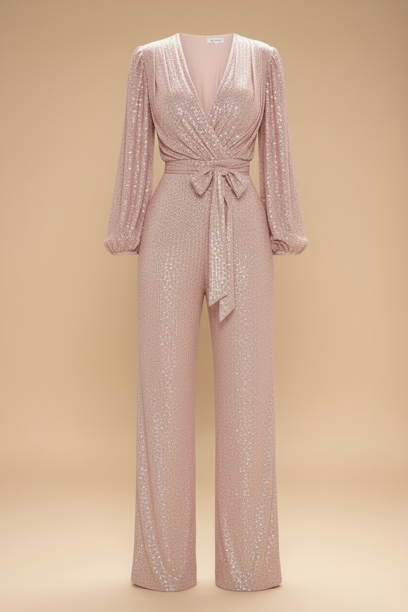 Women's Sequin Jumpsuit - V-Neck Long Sleeve - Wide Leg
