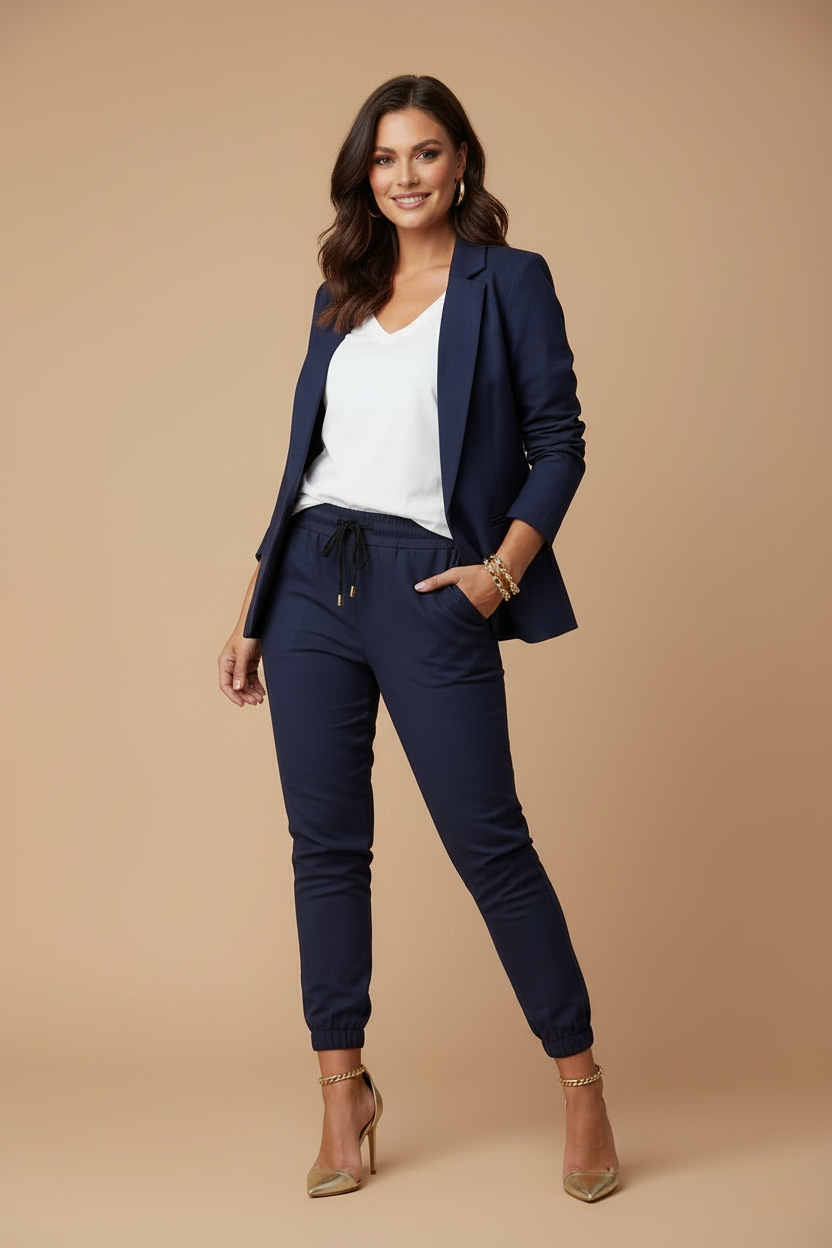 Women's Pant Suit Set - Open Front Blazer and Drawstring Tapered Pants