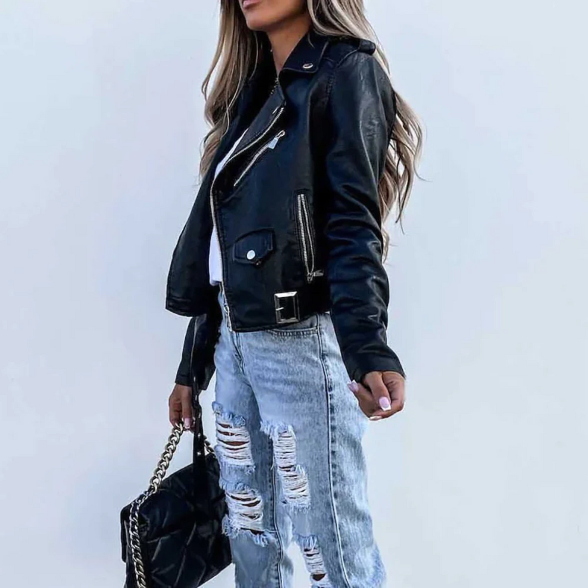Women's Biker Jacket - Asymmetric Zip - Notched Lapel - Belted Waist - Stud Button Detail