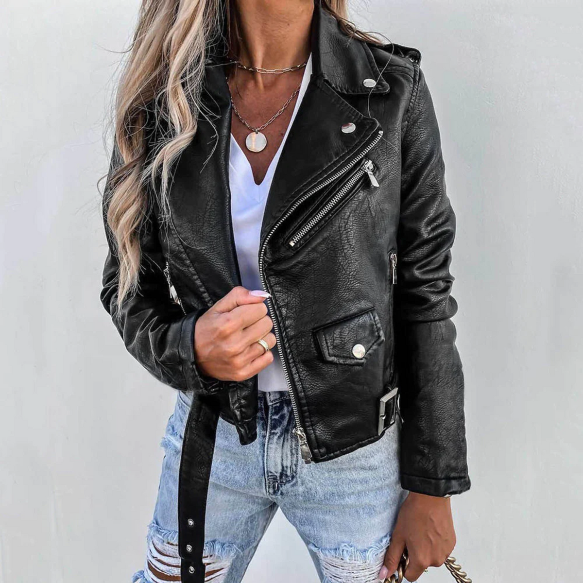 Women's Biker Jacket - Asymmetric Zip - Notched Lapel - Belted Waist - Stud Button Detail