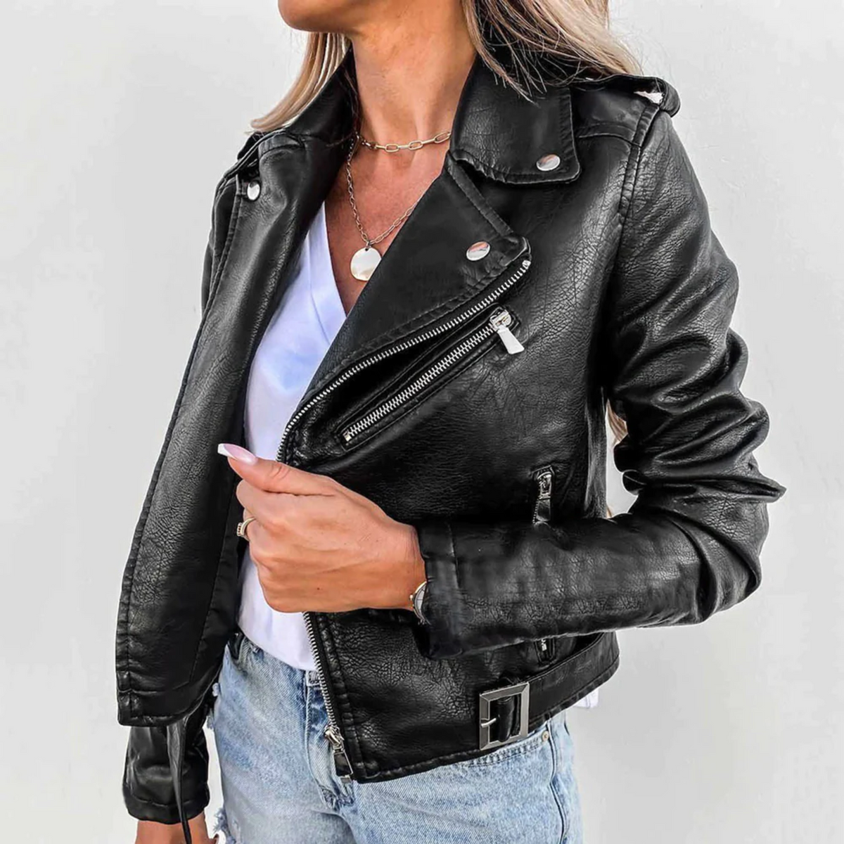 Women's Biker Jacket - Asymmetric Zip - Notched Lapel - Belted Waist - Stud Button Detail