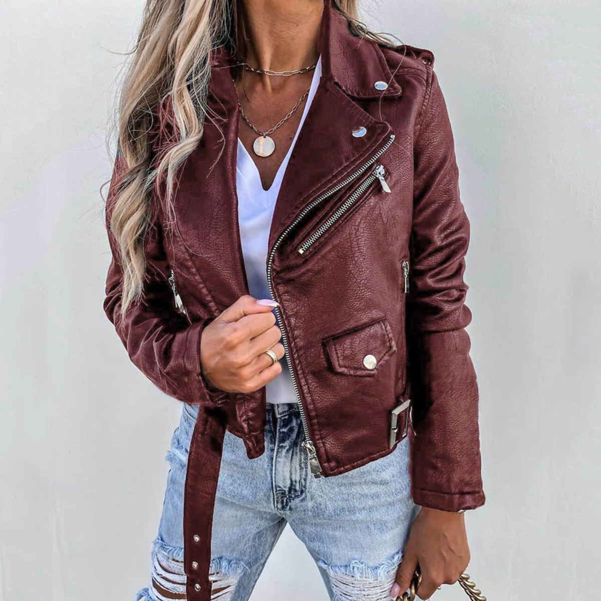 Women's Biker Jacket - Asymmetric Zip - Notched Lapel - Belted Waist - Stud Button Detail
