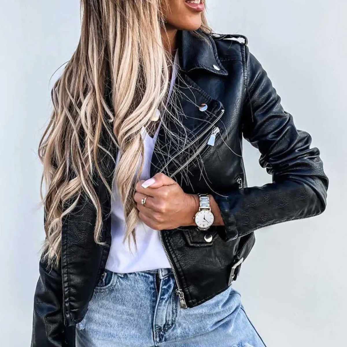 Women's Biker Jacket - Asymmetric Zip - Notched Lapel - Belted Waist - Stud Button Detail