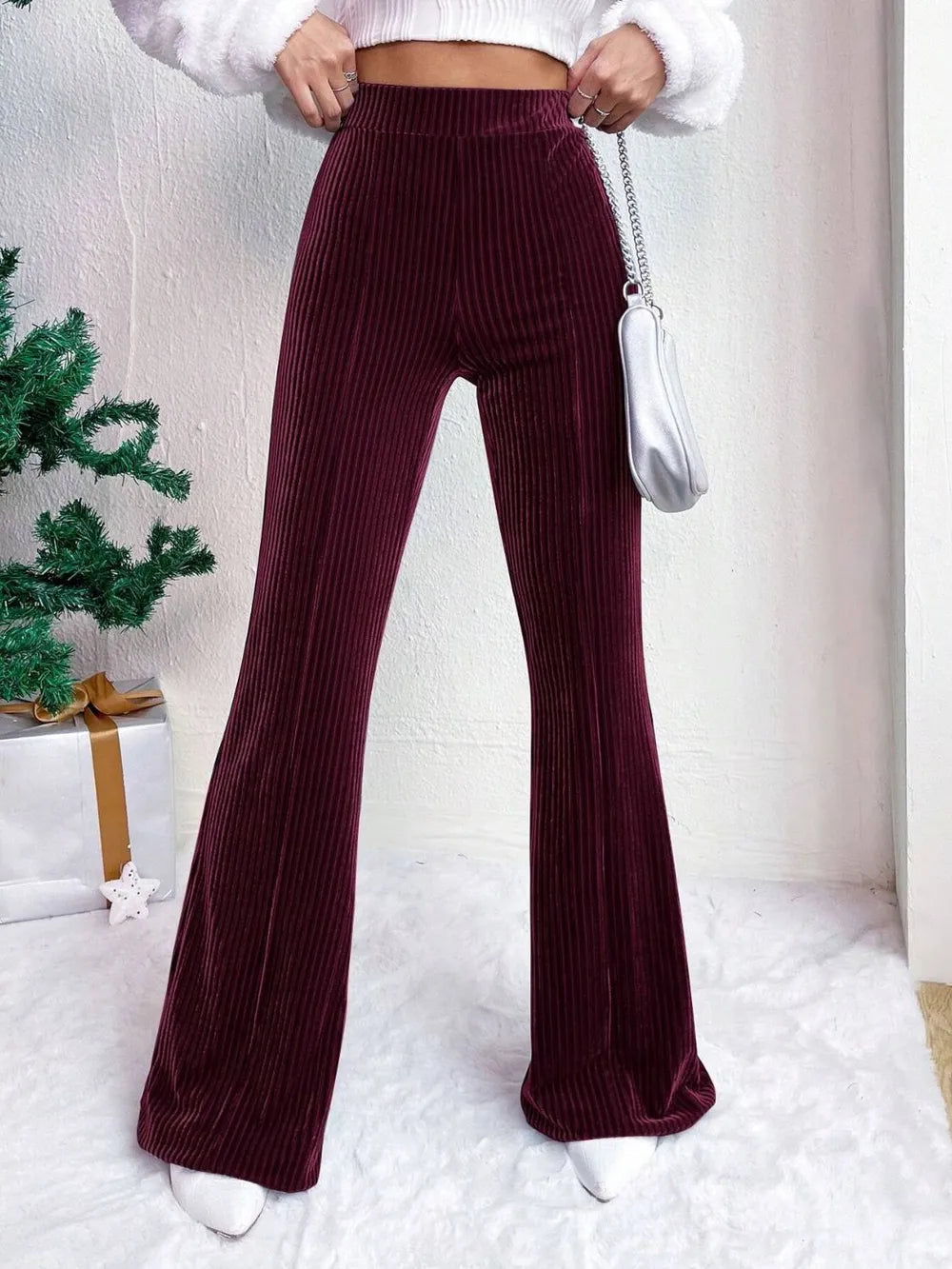 Women's Wide Leg Pants - High Waist Elasticated Ribbed Flare with Plain Hem