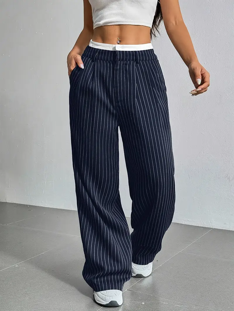 Women's Wide Leg Pinstripe Pants - High Waist - Contrast Waistband