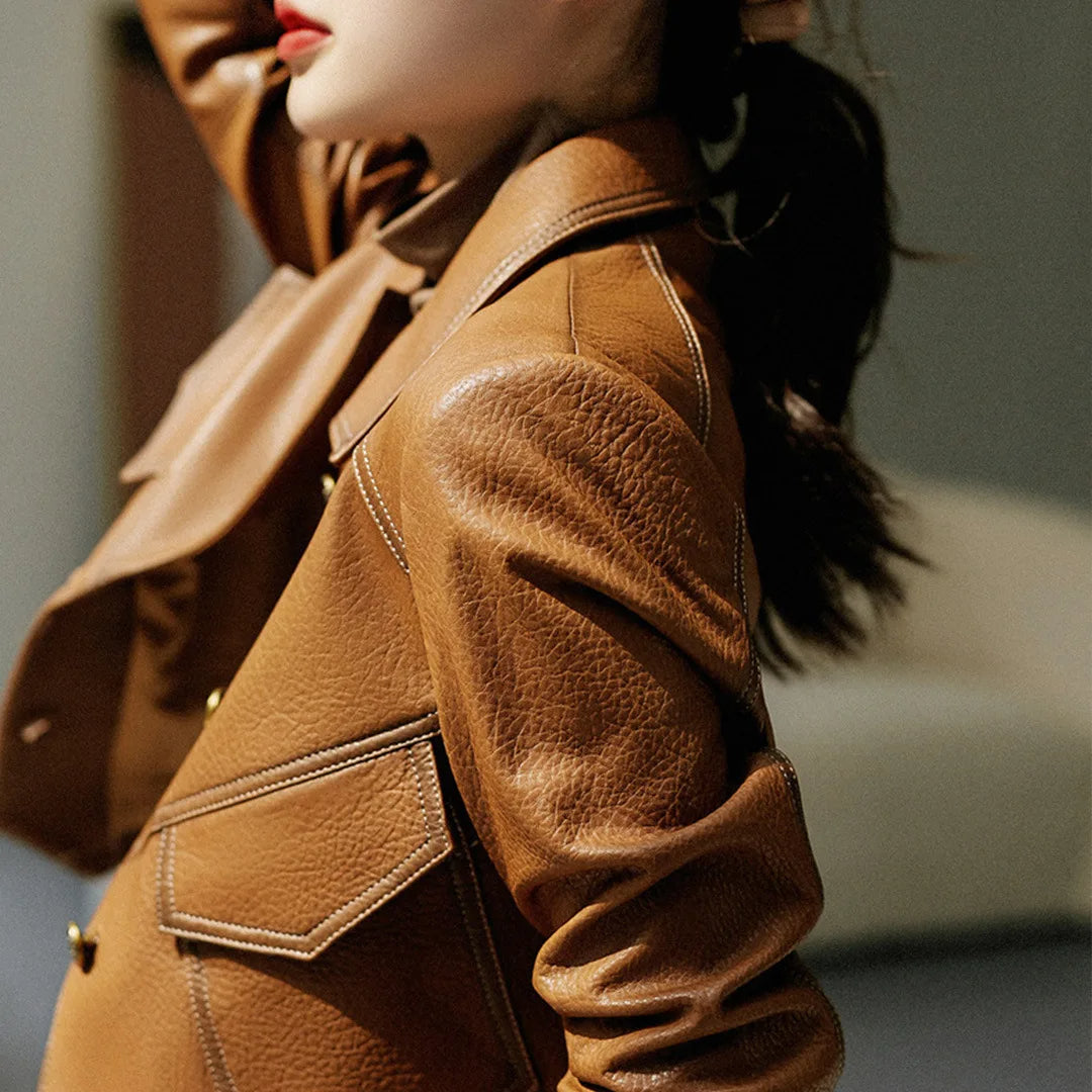 Women's Cropped Jacket - Notch Lapel Button Front Topstitched