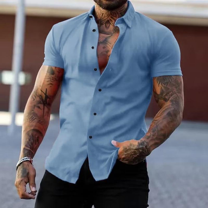 Men's Short Sleeve Button Down Shirt - Spread Collar Slim Fit Curved Hem