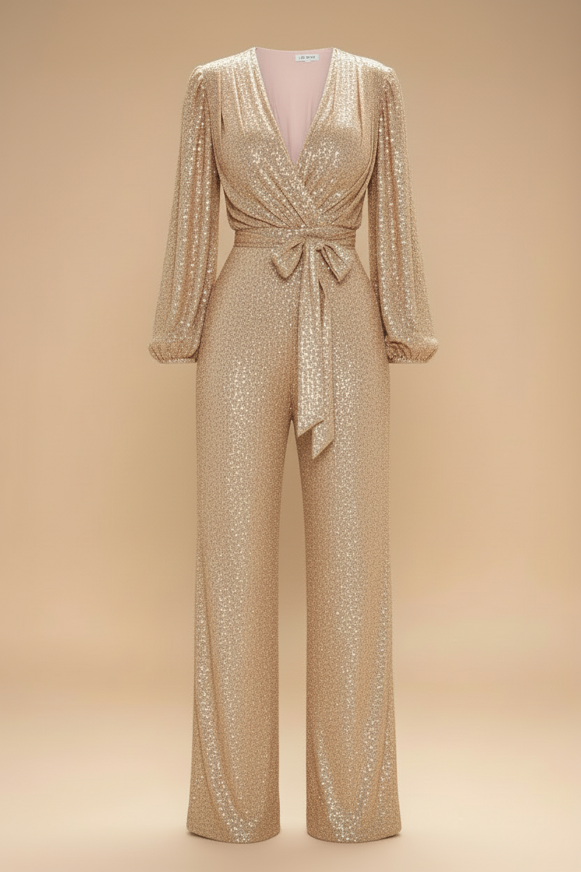 Women's Sequin Jumpsuit - V-Neck Long Sleeve - Wide Leg
