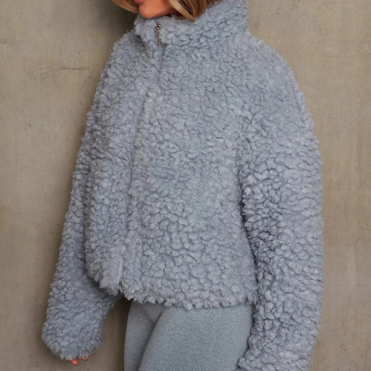 Women's Cropped Jacket - Stand Collar Full Zip Plush Pile