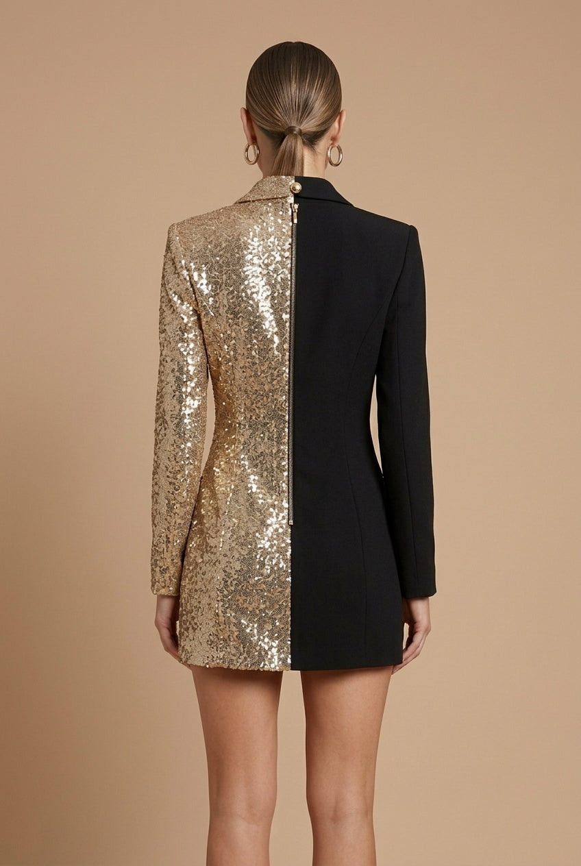Women's Blazer Mini Dress - Double Breasted Sequin Colorblock Long Sleeve