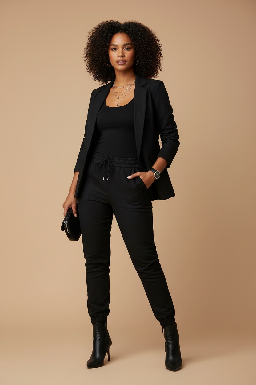 Women's Pant Suit Set - Open Front Blazer and Drawstring Tapered Pants