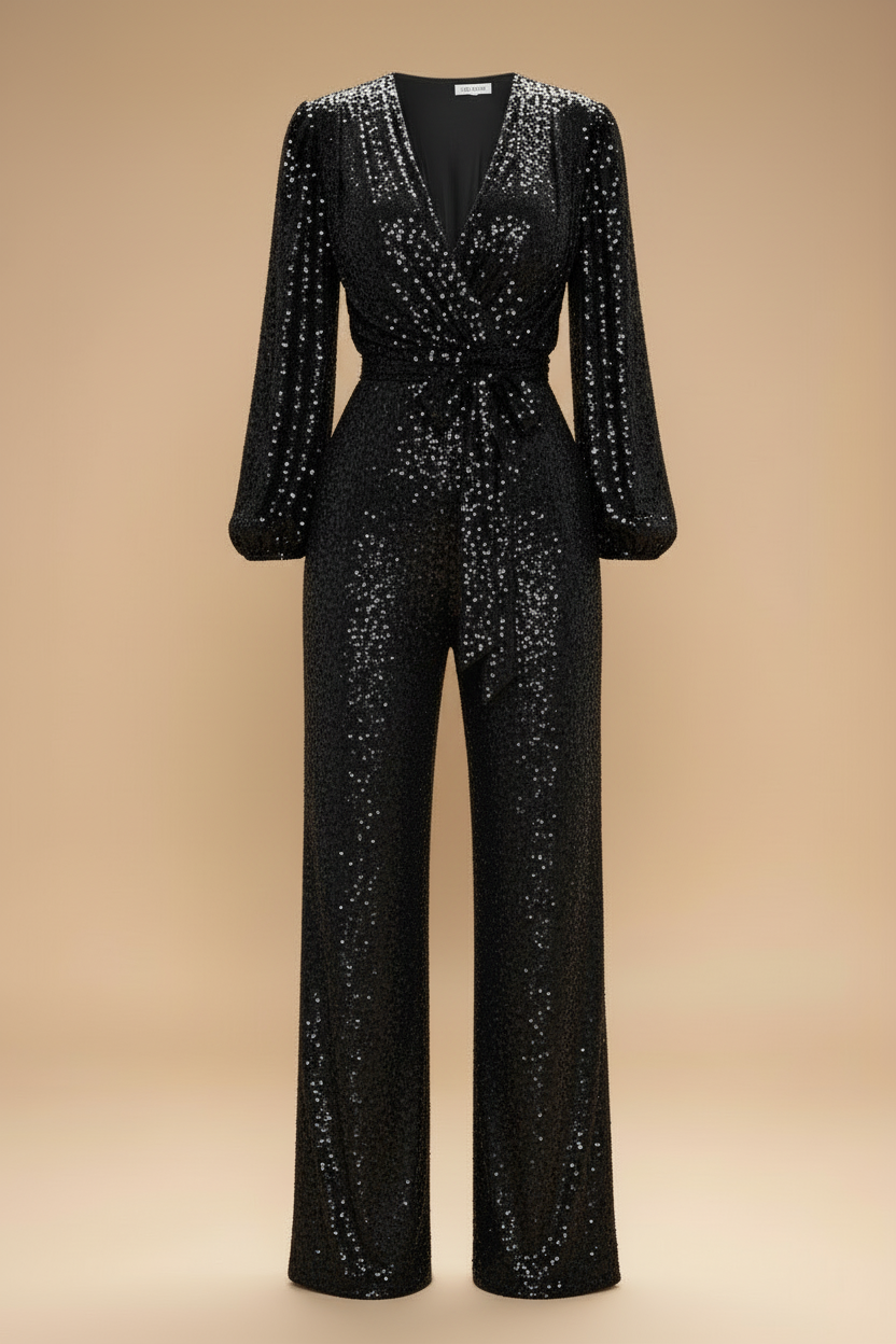 Women's Sequin Jumpsuit - V-Neck Long Sleeve - Wide Leg