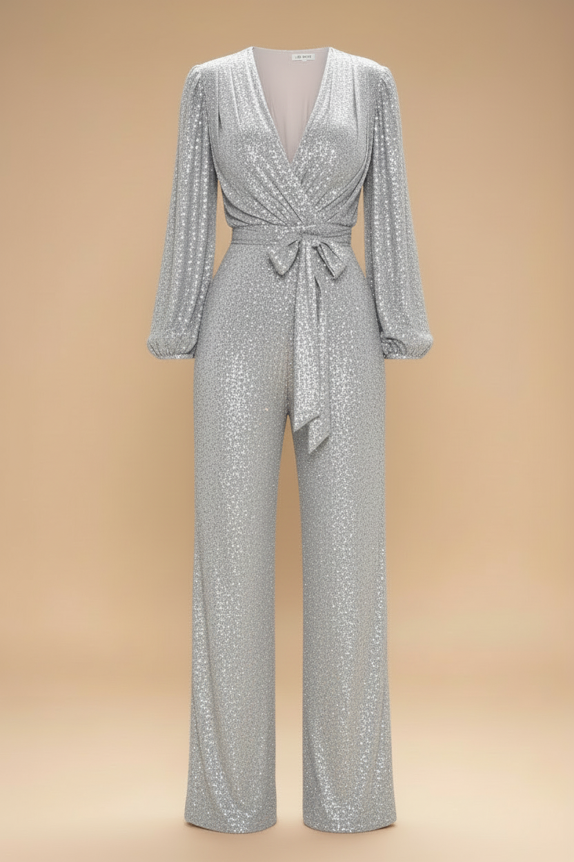 Women's Sequin Jumpsuit - V-Neck Long Sleeve - Wide Leg