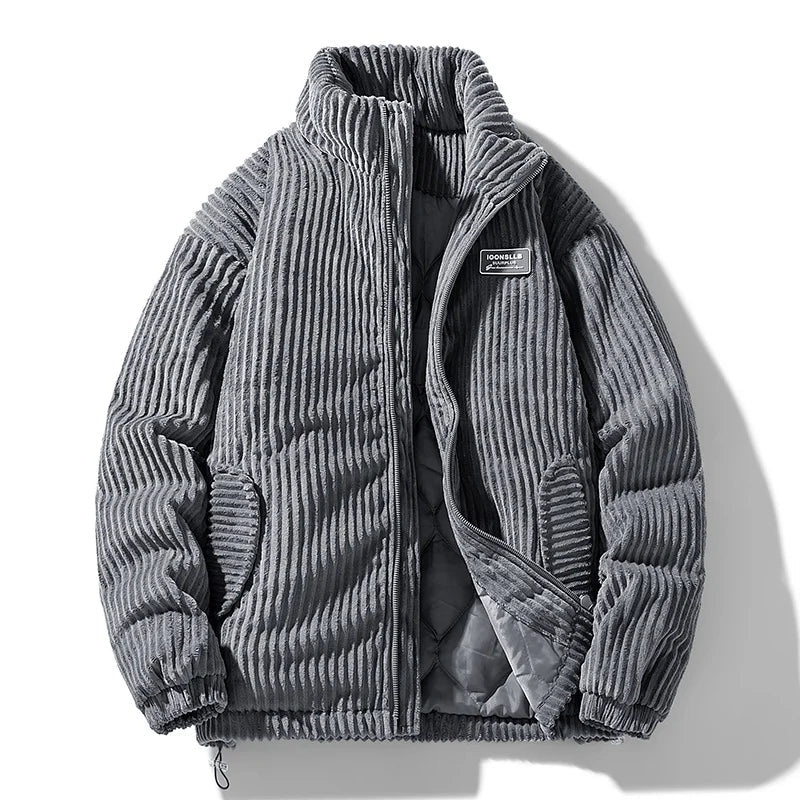 Men's Corduroy Puffer Jacket - Stand Collar - Full Zip - Padded