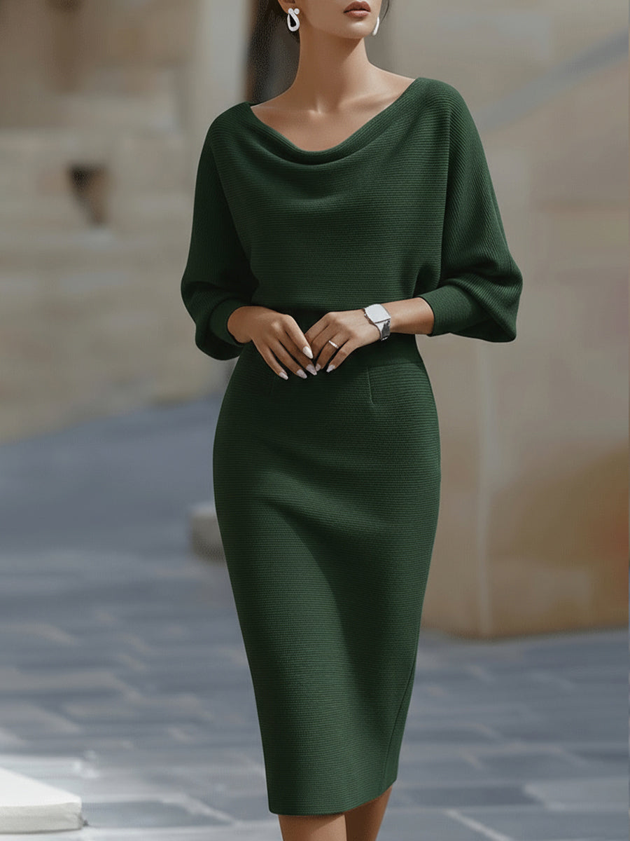 Women's Bodycon Midi Dress - Cowl Neck Batwing Sleeve with Back Zip and Hem Slit