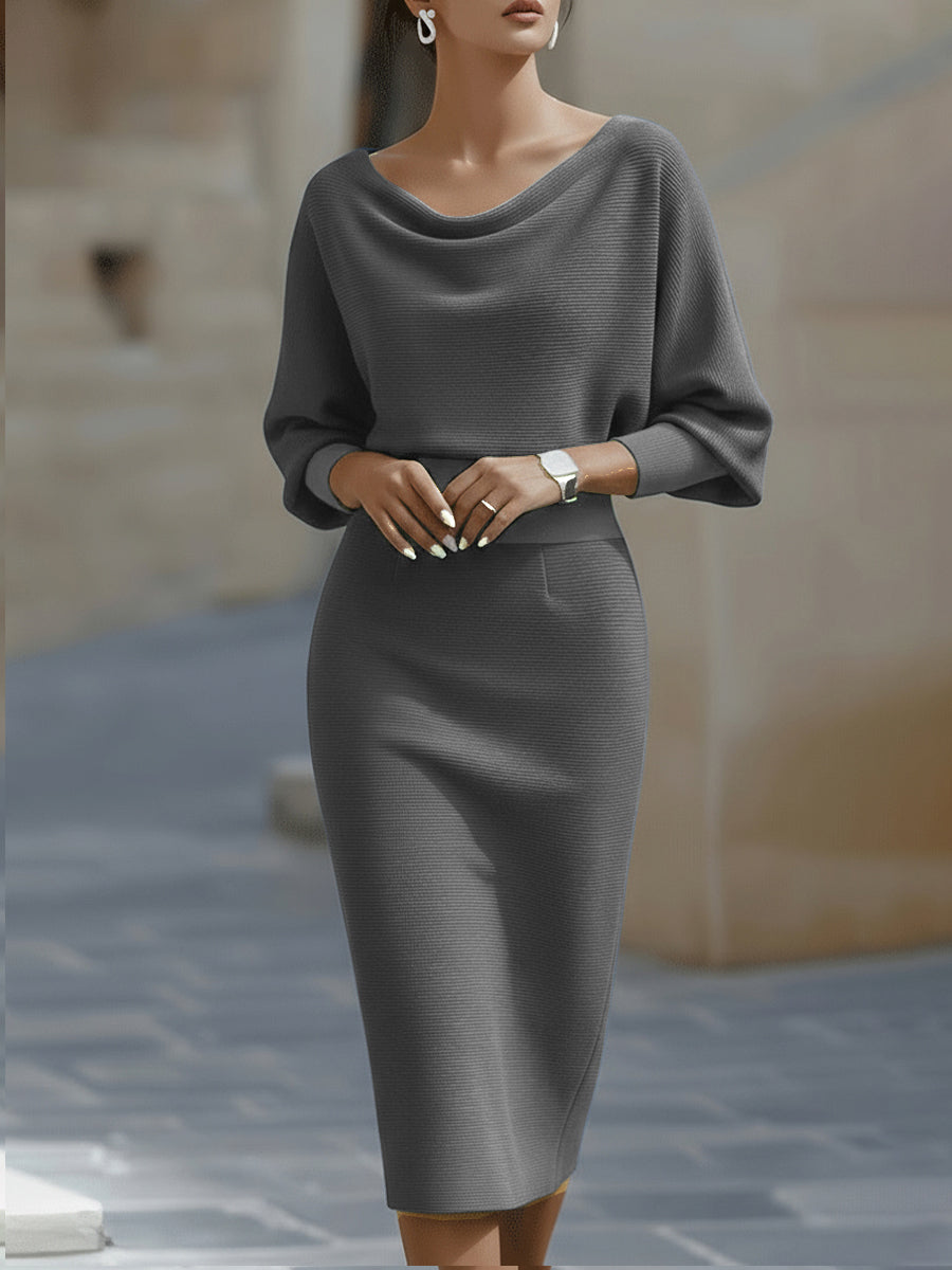 Women's Bodycon Midi Dress - Cowl Neck Batwing Sleeve with Back Zip and Hem Slit