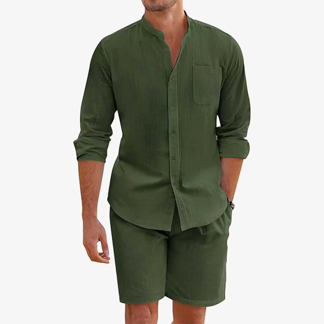 Men's Long Sleeve Band Collar Shirt - Drawstring Shorts Set