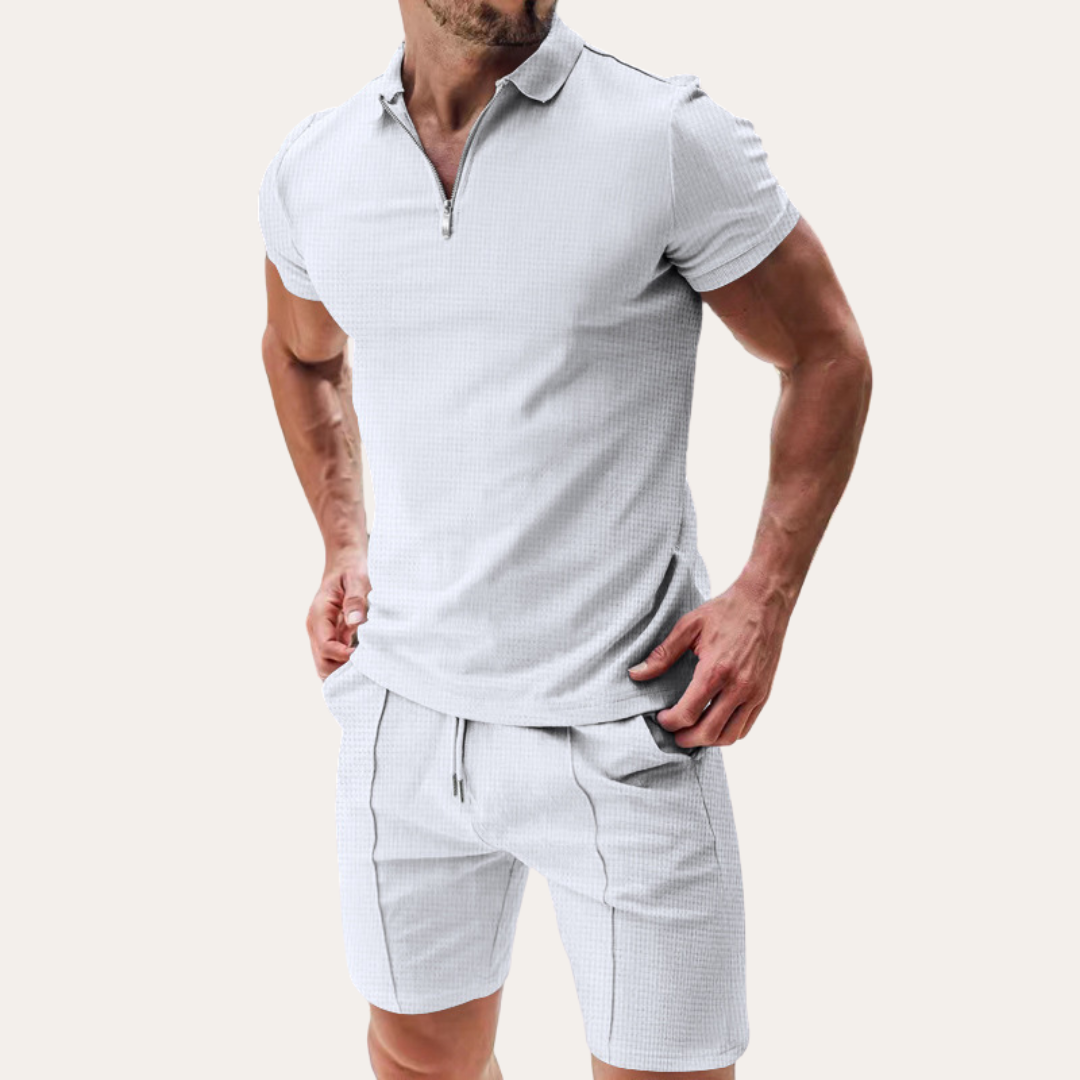 Men's Two Piece Waffle Knit Set - Short Sleeve Zip Polo - Drawstring Shorts