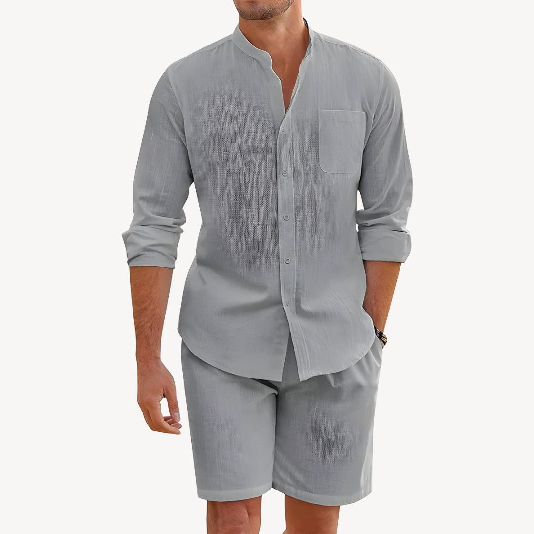 Men's Long Sleeve Band Collar Shirt - Drawstring Shorts Set