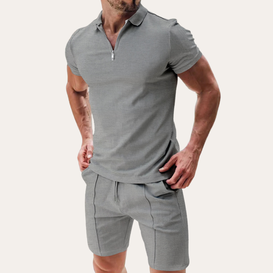 Men's Two Piece Waffle Knit Set - Short Sleeve Zip Polo - Drawstring Shorts