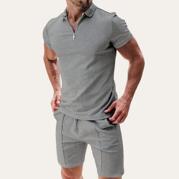 Men's Two Piece Waffle Knit Set - Short Sleeve Zip Polo - Drawstring Shorts